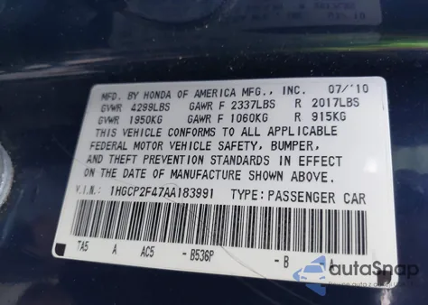 2010 Honda Accord 2.4 Lx-P из США, поврежденный, VIN 1HGCP2F47AA183991